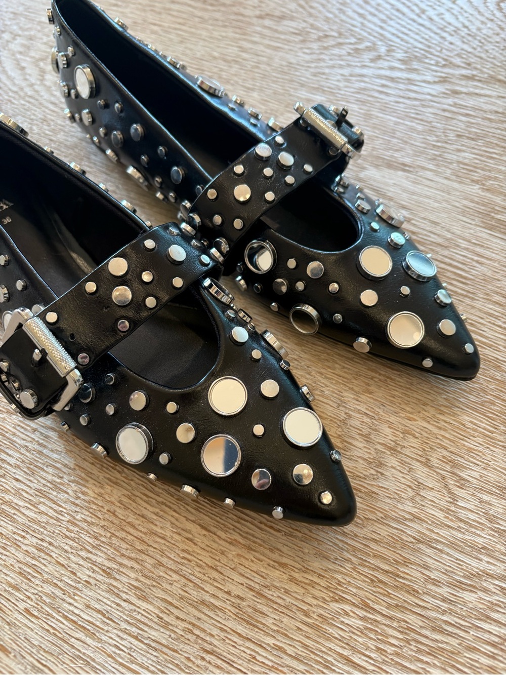 NWT Zara Black Mary Jane Flats Mirror Discs And Studs - Picture 8 of 8